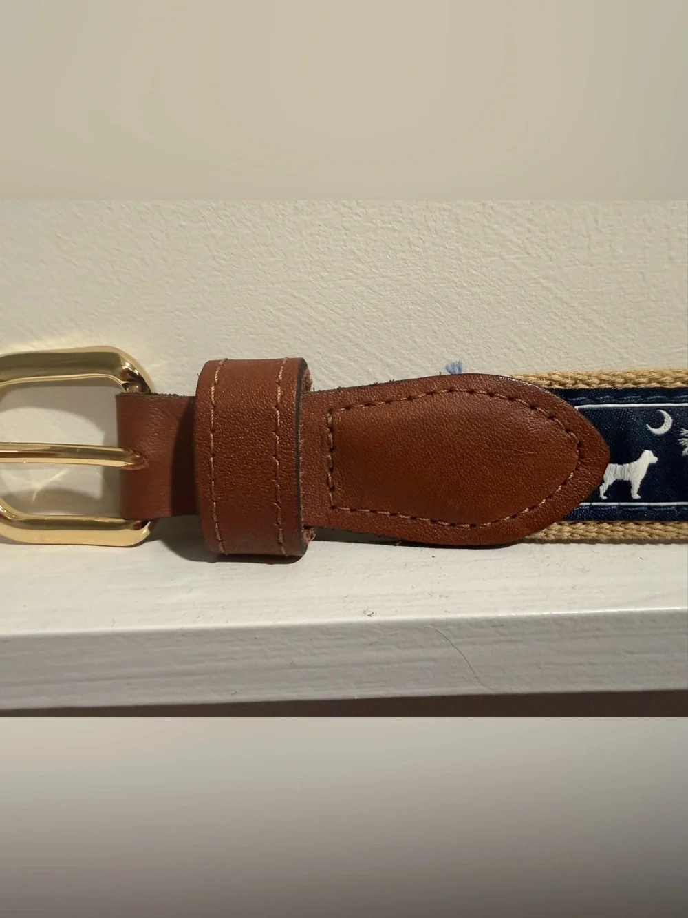 Brown Leather-Trim Navy Embroidered Men’s Belt with Gold Buckle
